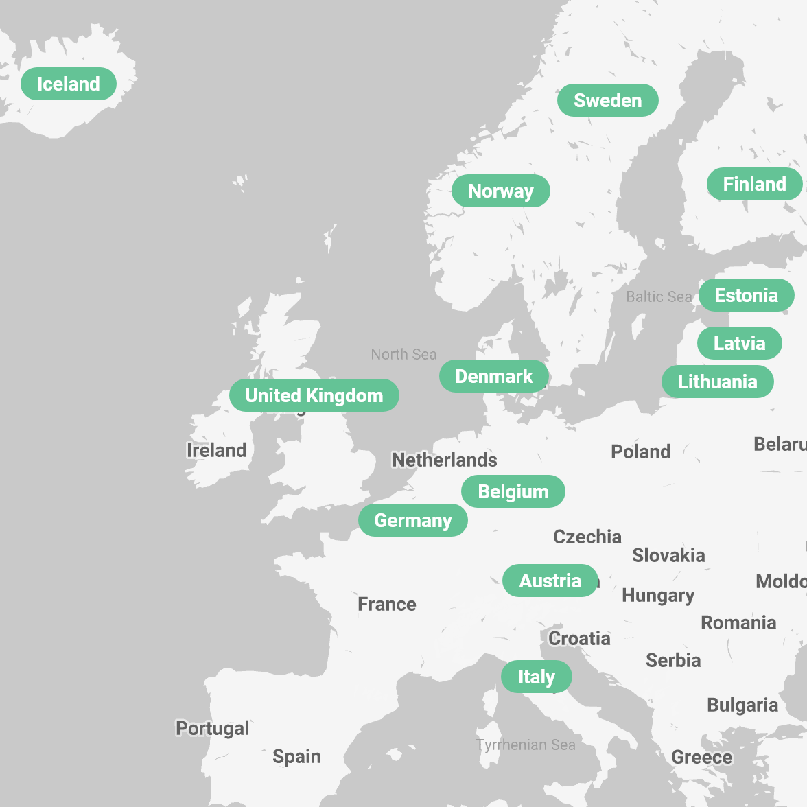 europe map with labels for active countries